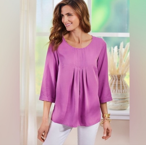 New Soft Surroundings Cusabo‎ In Tencel Pintuck Blouse Iris Orchid Purple - Picture 1 of 13
